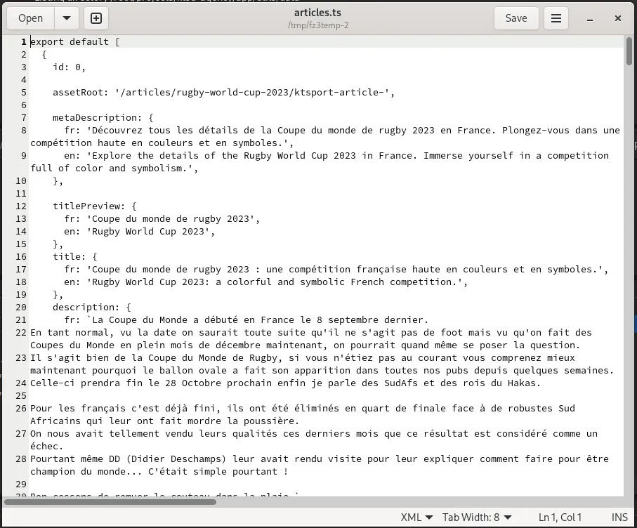 articles.ts ouvert dans gedit